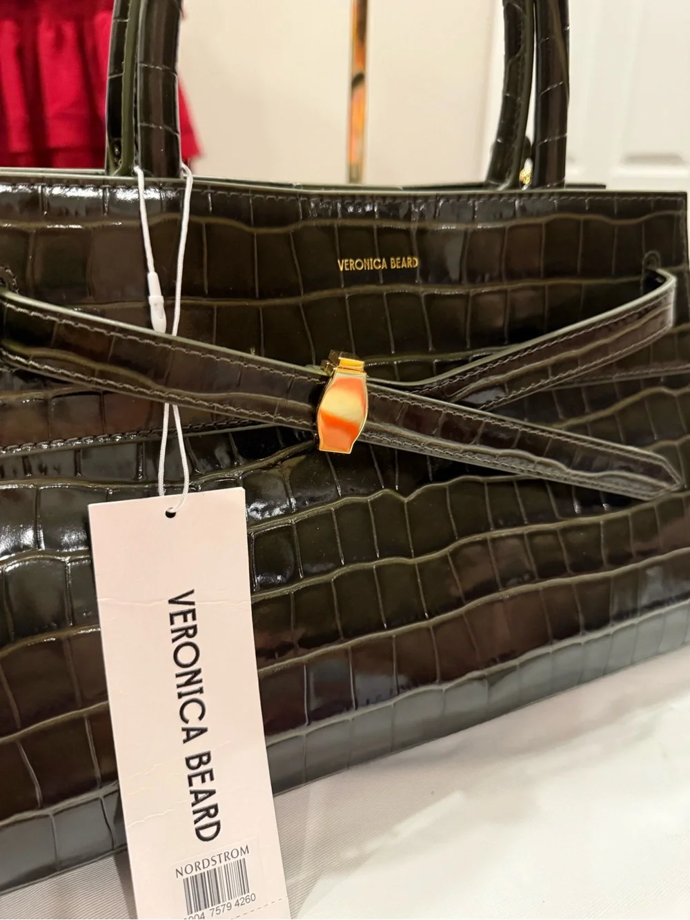 Veronica Beard Glossy Black Croc-Embossed Satchel with Front Tie